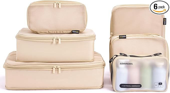 6 Set Compression Packing Cubes for Travel, Large Medium Small Luggage Organizers (Mist Khaki)
