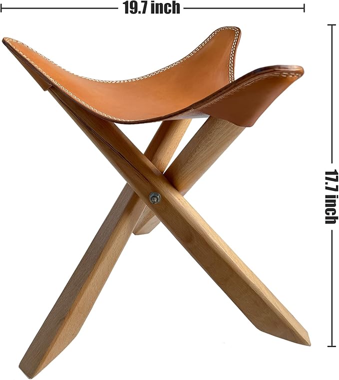 Leather Stool, Portable Beech Wood Artist Folding Stool, Italian Top Vegetable Tanned Leather Seat, Home Fashion Genuine Leather Director’s Stool for Home Outdoor Camping Fishing (Three Leg)