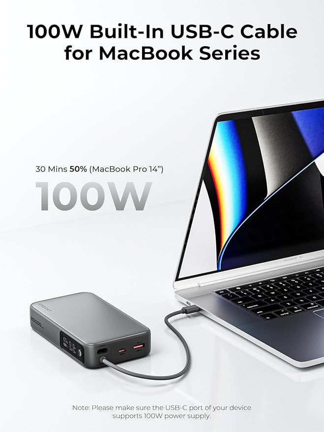 Portable Charger 20000mAh, 100W PD Fast Charging Power Bank with Built-in USB C Cable Smart Digital Display Laptop Battery Pack for MacBook, iPad, iPhone, Samsung, Steam Deck and More