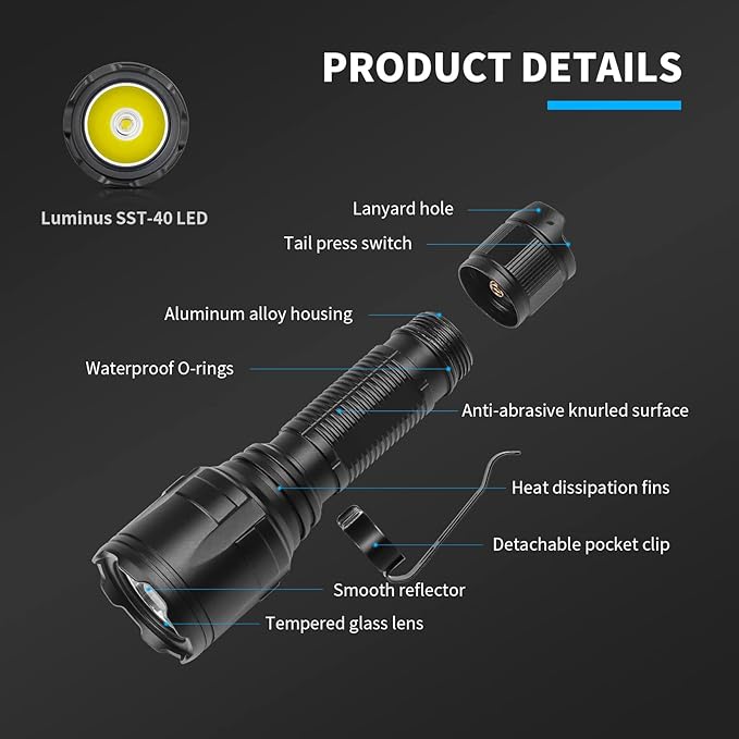 Super Bright Flashlight NT23 1500 Lumens Small Tactical Flashlights with Clip, Long Beam Distance, 4 Light Modes with Mode Memory, IP68 Waterproof, for Camping Hiking Emergency Use