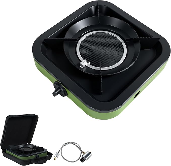 Propane Portable Camping Stove, Single Burner Propane Camp Stove, with Gas Hose, Small Camping Stove, Square Design, Army Green and Black