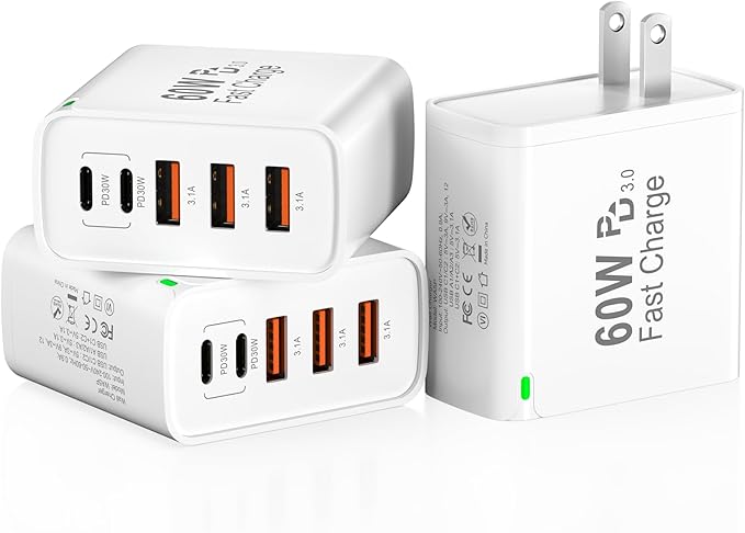 3Pack USB C Fast Charger Block, 60W 5-Port USB C Wall Charger 30W Type C Charging Block, 2USB C+3USB A PPS/PD 3.0 Multiport Charging Cube for iPhone 17 16 15 14 Pro Max,for Galaxy S25 S24 Ultra, i Pad