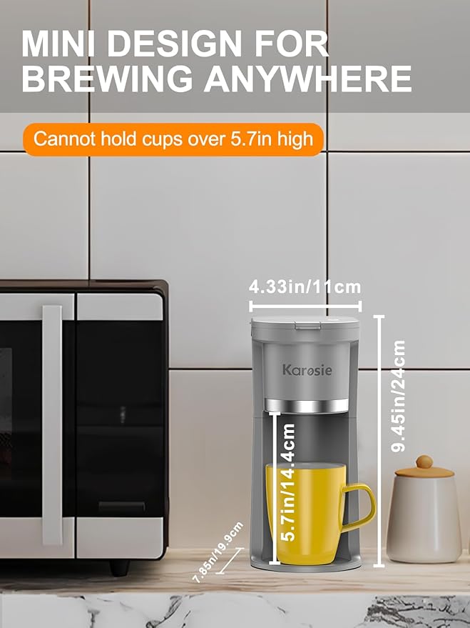 Slim Single Serve Coffee Maker, Fast Brew for K-Cup & Ground Coffee Small One Cup Coffee Maker, 6-12 Oz Brew Sizes, Coffee Machine with Descaling Reminder and Water Window,Grey