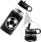 12 oz Soccer Water Bottle, Sports Flask Metal Thermo Travel Tumbler with 2 Lids, BPA Free 18/8 Stainless Steel Leak Proof Double Wall Vacuum Insulated Water Bottles, Soccer Gifts for Boys Girls Player