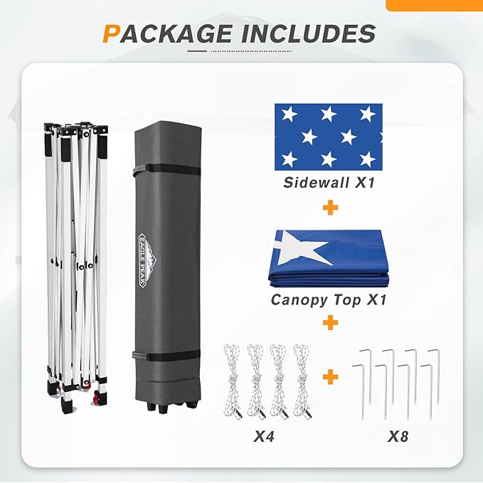 EAGLE PEAK Pop Up Canopy Tent with 1 Sidewall, Easy Setup Event Tent, Outdoor Sun Shade, Wheeled Carry Bag, Stakes and Guy Ropes, Instant Canopy 6.6x6.6, American Flag