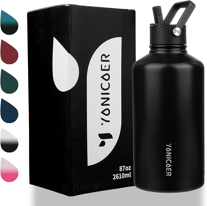 Insulated Water Bottle 87oz,Triple Wall Vacuum Stainless Steel(Dishwasher Safe),Leak Proof & Non-BPA,Flask Jug with Paracord Handle & Straw Spout Lids Sports Black
