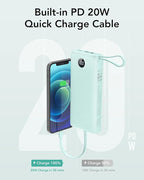 VRURC Portable Charger 20000mAh, Built-in Cables Fast Charging Power Bank, PD QC 3.0 Travel Essentials Battery Pack, 4 Output & 2 Input Phone Charger for iPhone16 15 14 13 X, Samsung, Android-Green