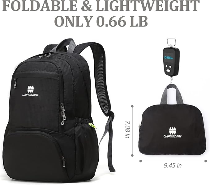 Lightweight Packable Travel Backpack, 30L Black Daypack Hiking Backpack for Women Men, Waterproof and Foldable, Travel Backpack Carry on Flight Approved