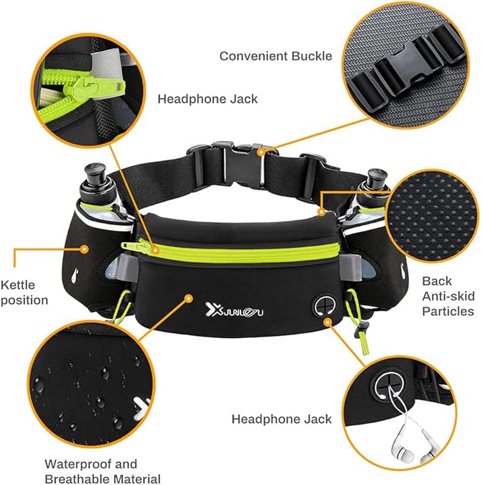 Number-one Running Belt with Water Bottles(2 x 175ML), Hydration Belt Waterproof Waist Pack Bag Fits iPhones Adjustable Sports Waist Pouch for Marathon Running Hiking Cycling