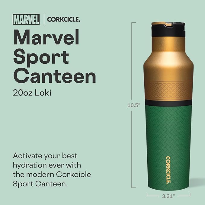 Corkcicle Marvel Sport Canteen - Triple-Insulated Stainless Steel Water Bottle - Straw Cap & Folding Metal Handle - Summer Drinkware Gift - Keeps Drinks Ice Cold - Loki - 20 oz