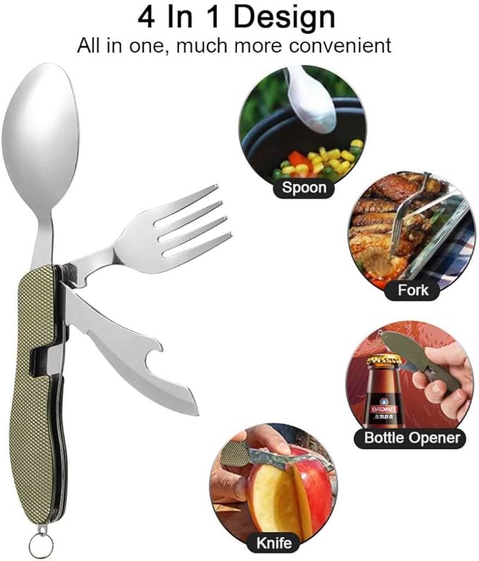 2Pcs Detachable Camping Utensils Cutlery Set, Caudblor Portable 4 in 1 Stainless Steel Travel Utensil, Foldable Knife Fork Spoon Bottle Opener, Multi Function Eating Flatware Tableware(Green Black)