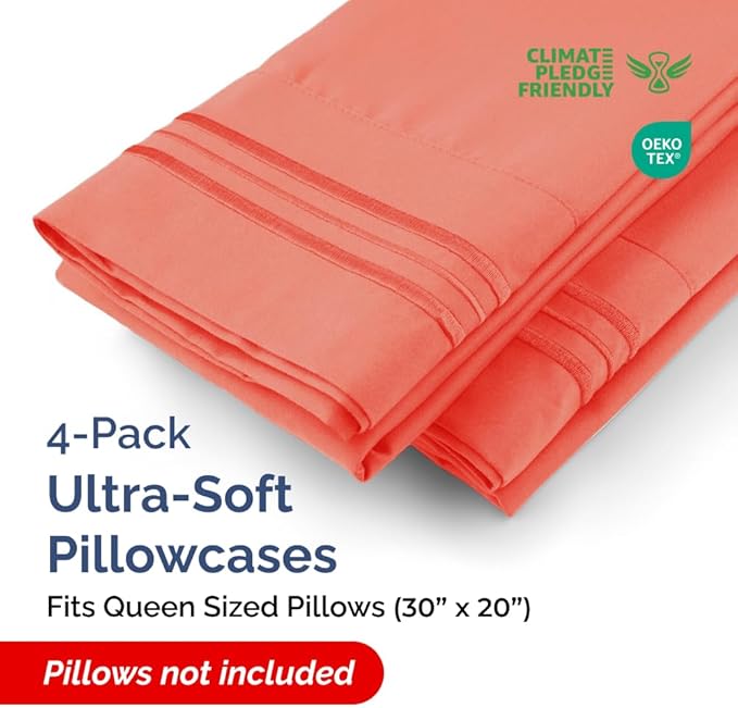 CGK Unlimited - Premium Microfiber Queen Size Coral Pillow Cover Set of 4, Machine Washable, Soft and Protective