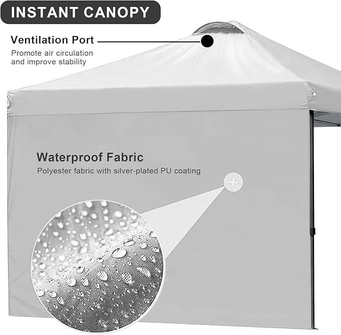 KAMPKEEPER 10x10 Pop Up Canopy Tent with 2 Sidewalls, Beach Tent - Easy Outdoor Sun Shade for Events, Parties, Camping - Gazebo with 4 Weight Bags & Carry Bag.（White）