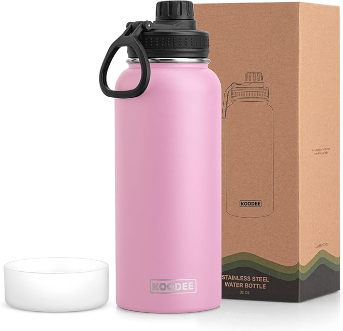 koodee Insulated Water Bottle, 32 oz Stainless Steel Double Wall Vacuum Wide Mouth Sport Bottle with Leakproof Spout Lid (Pink)