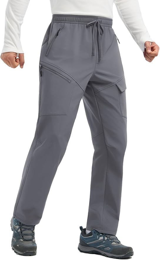 baleaf Men's Fleece Lined Hiking Cargo Pants Softshell Water Resistant Snow Thermal Pants Winter Insulate with Zipper Pocket