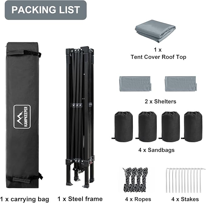 KAMPKEEPER 10x10 Pop Up Canopy Tent with 2 Sidewalls, Beach Tent - Easy Outdoor Sun Shade for Events, Parties, Camping - Gazebo with 4 Weight Bags & Carry Bag.（Grey）