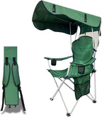 Portable Camping Chair with Canopy Shade- Folding Camping Lounge Chair with Cup Holder & Side Pocket for Outdoor Camping, Fishing, Beach - Support 330 LBS (Green)