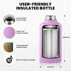 Insulated Water Bottle 64 oz, Triple Wall Vacuum Stainless Steel (Cold for 48 Hrs), Leak Proof & Non-BPA, Half Gallon Water Flask Jug with Paracord Handle & Straw Spout Lids, Lilac