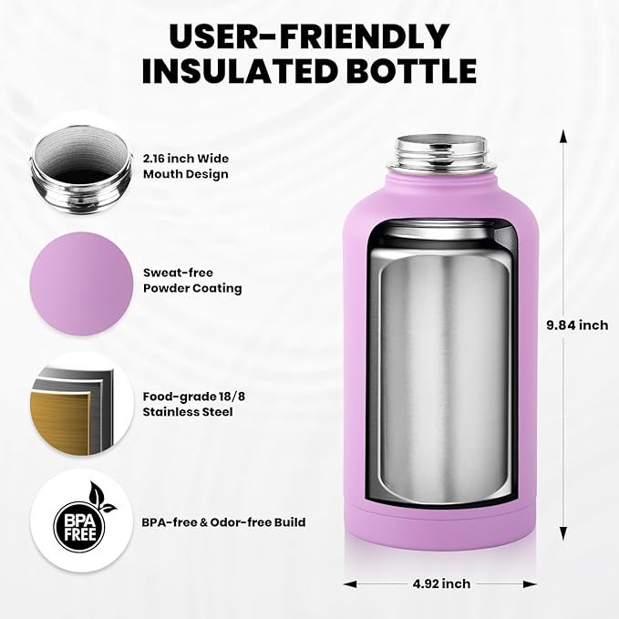 Insulated Water Bottle 64 oz, Triple Wall Vacuum Stainless Steel (Cold for 48 Hrs), Leak Proof & Non-BPA, Half Gallon Water Flask Jug with Paracord Handle & Straw Spout Lids, Lilac
