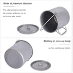 iBasingo 1250ml Titanium Hanging Mug with Lid Tea Coffee Water Cup Outdoor Camping Pot Ultra-light Portable Hiking Backpacking Cooking Kit Picnic Tableware Drinkware with Foldable Handle Ti3042D