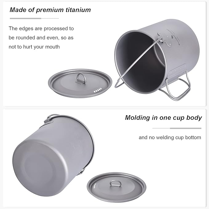 iBasingo 1250ml Titanium Hanging Mug with Lid Tea Coffee Water Cup Outdoor Camping Pot Ultra-light Portable Hiking Backpacking Cooking Kit Picnic Tableware Drinkware with Foldable Handle Ti3042D