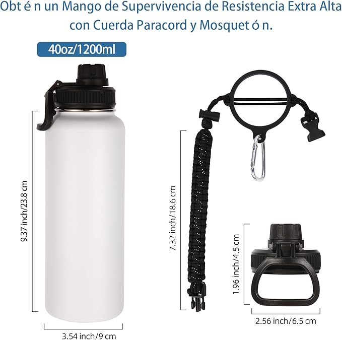 Volhoply Insulated Water Bottles Bulk 8 Pack,Not Suitable for Sublimation, 40 oz Stainless Steel Sports Bottle with Paracord Handle & Spout Lid, Double Walled Vacuum Metal Travel Flask(White,8 Set)