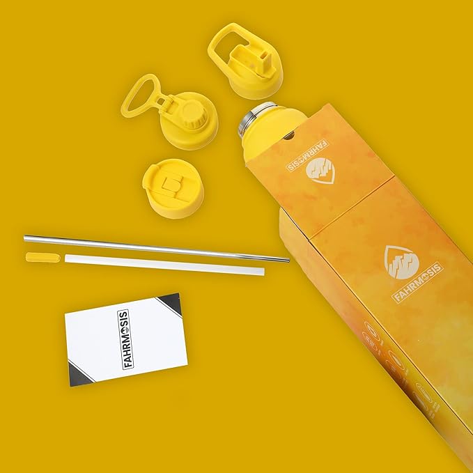 40 Oz Water Bottle with Straw Stainless Steel Sports Water Bottle with 3 Lids (Straw, Chug and Flip Lid) Insulated Leak Proof Metal Jug for Men & Women - Yellow
