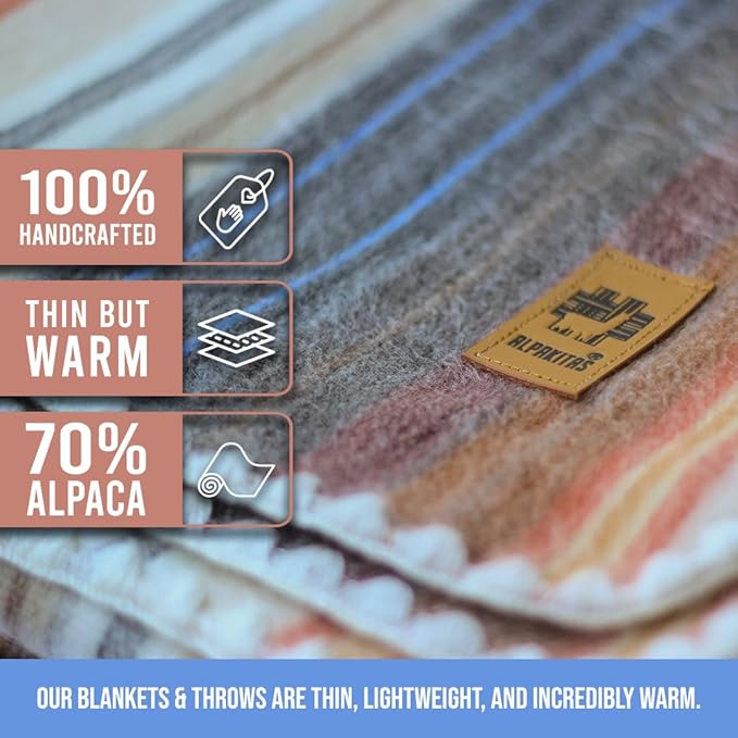 Alpaca Wool Blanket - Queen Size Bed Blanket - Alpaca Throw - Best Gift & Warm Throw, Lightweight, Couch or Camp- Outdoor - 87 x 64 inches (White & Brown)