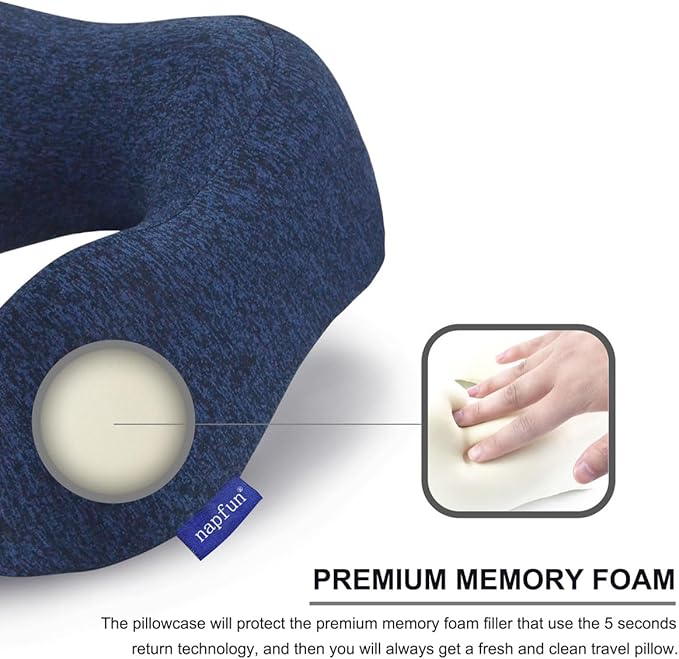 napfun Neck Pillow for Traveling, Upgraded Travel Neck Pillow for Airplane 100% Pure Memory Foam Travel Pillow for Flight Headrest Sleep, Portable Plane Accessories, Full Dark Blue, Medium (120-200LB)