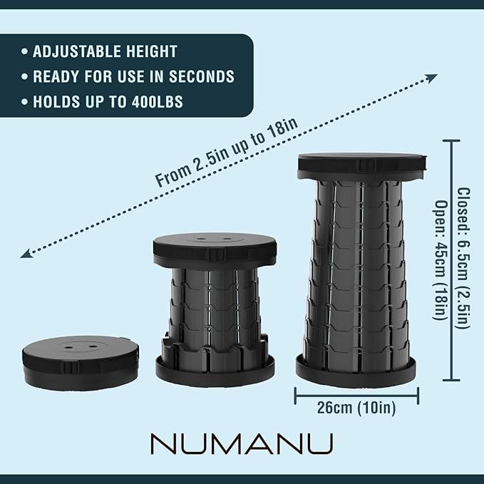 Collapsible Stool 2-Pack - Portable Folding Stool, Height Adjustable, Lightweight & Sturdy, Retractable Telescoping Camping Pop Up Seat Chair or Foldable Travel Footrest - Max 400lbs