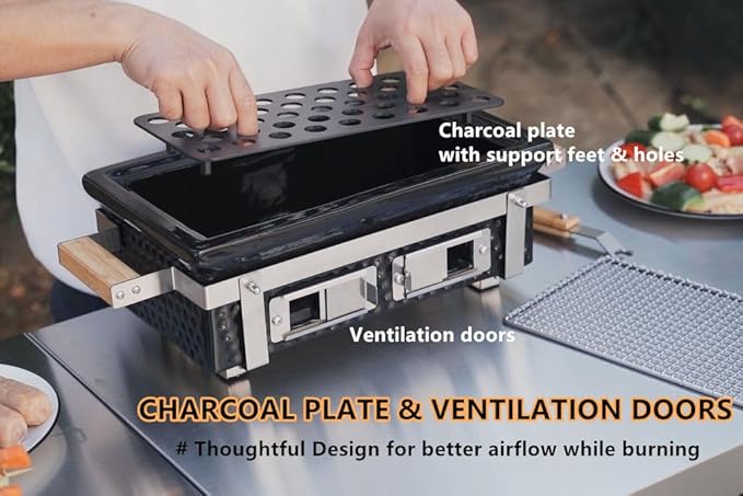 Onlyfire Charcoal BBQ Grill Hibachi Grill with Grid Lifter, Portable Yakitori Grill with Stainless Steel Grate, Barbecue Stove for Outdoor Camping Picnic Patio Backyard Cooking, GS306