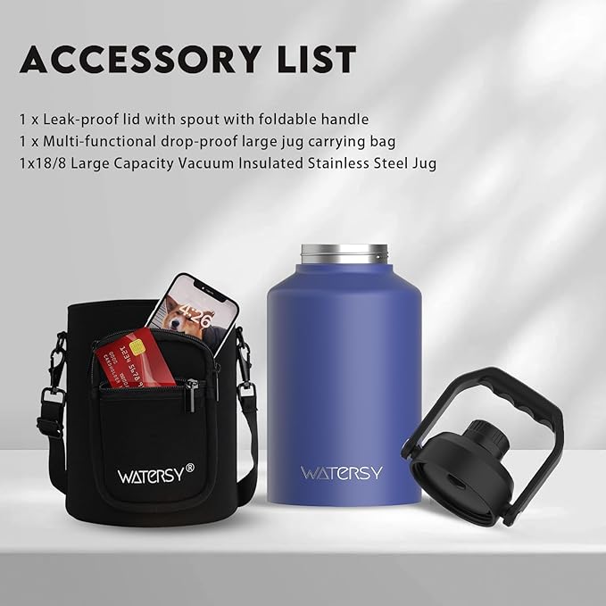 WATERSY 1 Gallon Water Bottle Insulated(Cold for 48 Hrs),BPA Free&Leak Proof,128oz Stainless Steel Water Jug,Big thermo,Large Water Bottle with Handle for Gym,Hiking,Camping&Travel,Deep Blue