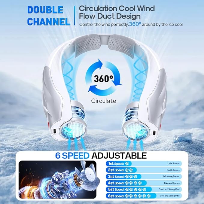 Hands-Free Portable Neck Fan - 6000mAh High Capacity Battery, USB Dual Port Fast Charging, Ultra-Quiet 6 Speeds Cooling Air, 360° Airflow for Outdoor, Indoor, Office, Travel - Gray