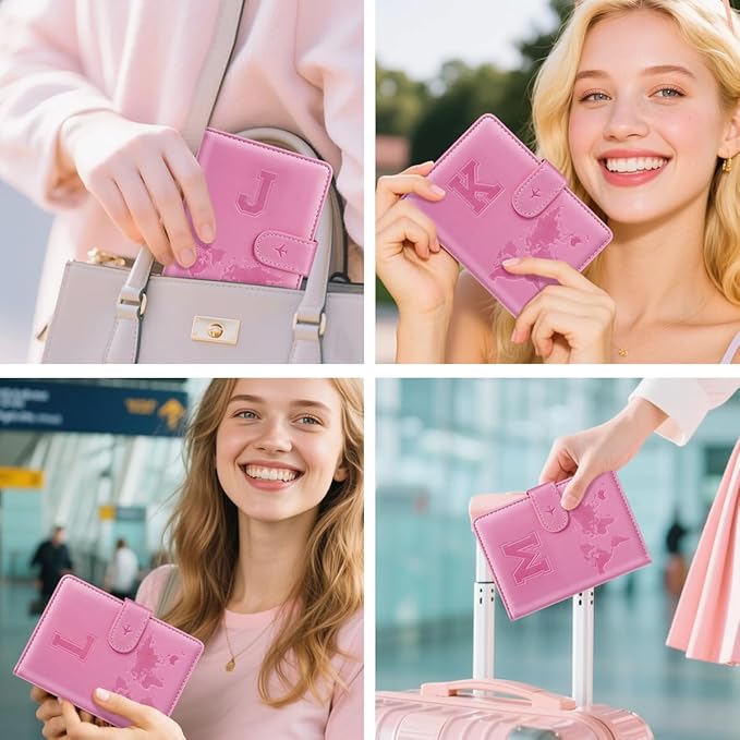 Passport Holder Cover Initail Letter A-Z Travel Wallet Embossed Design RFID Blocking Card Holder Personalized Gift Passport Cover Wallet, Passport Book Holders for Women and Girls, Pink-M
