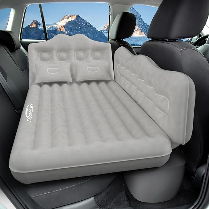 Car Air Mattress, Inflatable SUV Truck Car Camping Mattress for Back Seat, Thickened Travel Car Bed Sleeping Pad with Car Air Pump 2 Pillows (Grey)