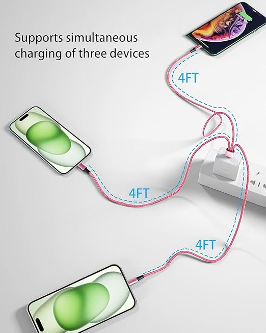 Multi USB C Cable 4FT 2Pack, 3 in 1 Multiple Type C Charging,3A Splitter USB-C Charger, PinkNylon Cord,USB C to 3 USB C Port, Compatible with iPhone 15,iPad Pro,Samsung S23,Google,Android,Kindle fire