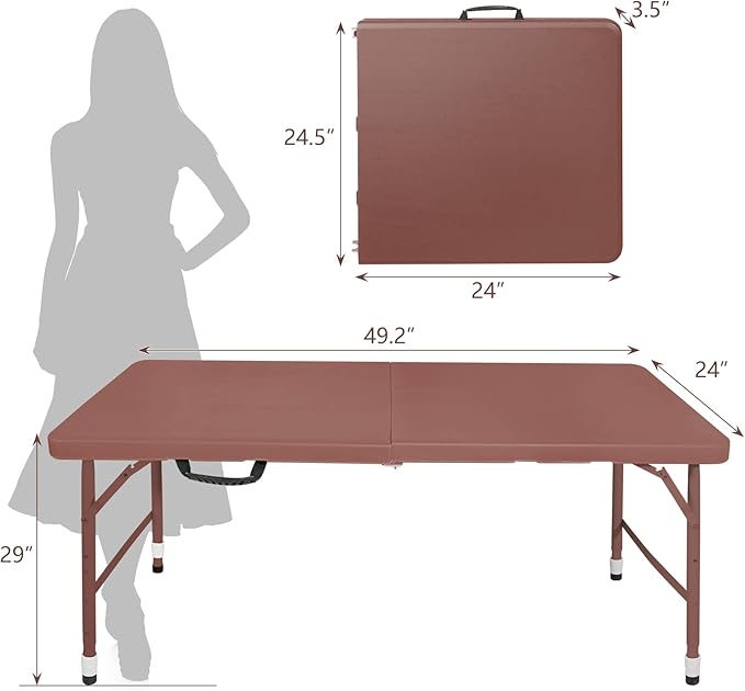 4 FT Folding Table with Carry Handle, Portable Fold-in-Half Plastic Table, Rectangle Foldable Table for Indoor/Outdoor Brown