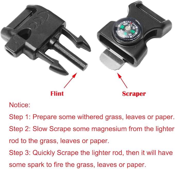 5/8 Inch Compass Flint Scraper Fire Starter Whistle Buckle Paracord Bracelet Outdoor Camping Emergency Survival Travel Kits