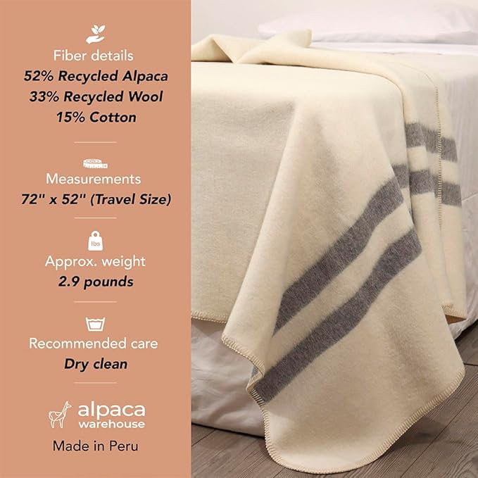 Thick Alpaca Wool Blanket Heavyweight for Camping or Indoors | Soft Peruvian Alpaca Wool Blankets (Dark Gray - Soft Gray Stripes, Travel Size)