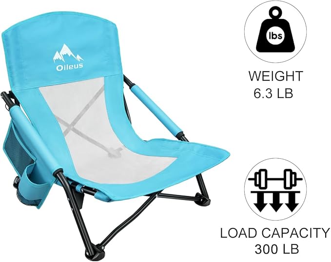 Oileus Low Beach Chair for Beach Tent/Shelter/Camping/Outdoor Ultralight Backpacking Folding Recliner Chairs with Cup Holder/Storage Bag, Carry Bag, Breeze Mesh Back, Compact Duty 2 Pcs