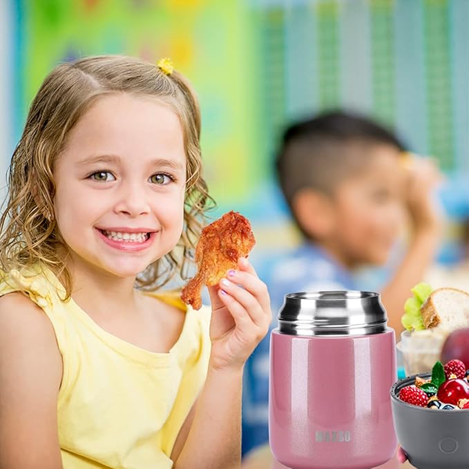 MAXSO Soup Thermo for Hot & Cold Food for Adults Kids, 17 oz Vacuum Insulated Steel Lunch Container Bento Box with Spoon, Leakproof Thermal Food Jar for School Office Travel - Pink