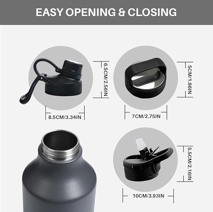 Vacuum Insulated Jug with Straw Lid Dustproof, Half Gallon Insulated Beer Growler, 3 Lids Wide Mouth Thermos Mug, Leakproof BPA Free and Dishwasher Safe - 64 Oz Grey