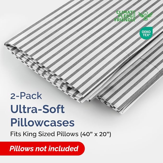 King Pillow Cases Set of 2 - Ultra Soft Hotel Quality Pillowcase Covers - Comfy Cozy Bedding for Women, Men, Kids & Teens - Machine Washable Pillow Protectors - 2 Pieces Set - King Size Grey Stripes