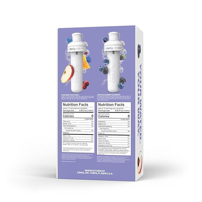 Cirkul 32oz. Matte Periwinkle Stainless Steel Water Bottle Starter Kit with Periwinkle Lid, 2 Flavor Cartridges (1 LifeSip Blackberry Blueberry, 1 GoSip Berry Blue Punch) No Sugar, Zero Calorie Drink Mix