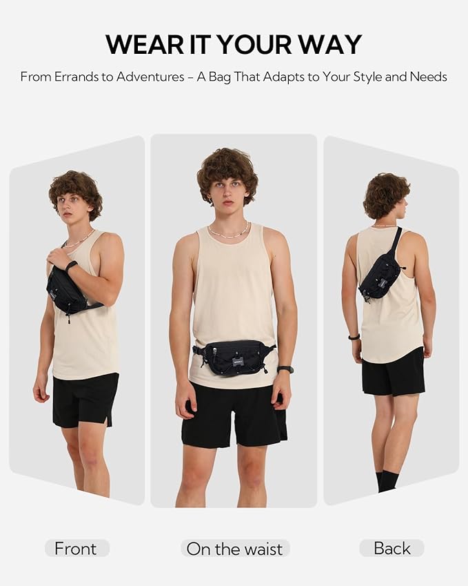 WATERFLY Lightweight Small Fanny Pack: 1.5L Mini Slim Crossbody Waist Belt Hip Bag with RFID Blocking, Anti-Theft & Water Resistant Pouch for Women Men Travel Hiking Running Walking EDC