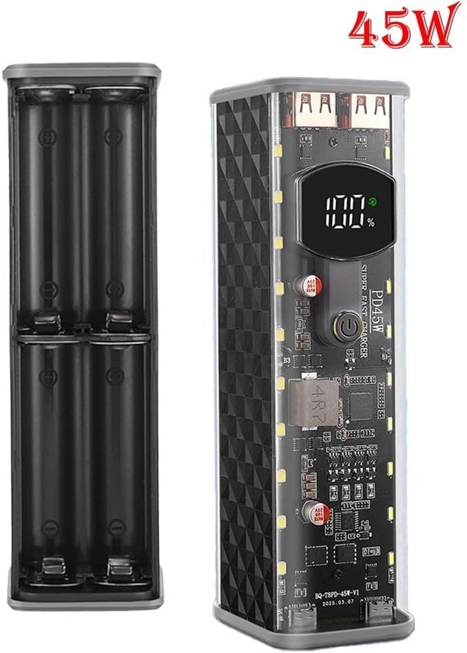 Portable Solder-Free Power Bank Case 22.5W 45W Transparent DIY Battery Box with Fast Charging for Cells Multi-Output Stable Voltage Multiple Protocols 160x57mm for DIY Enthusiasts Travel(black 45W)