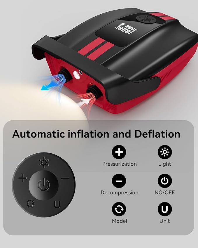 ZFOX 50PSI Paddle Board Pump, Portable Electric SUP Pump with Auto-Shutoff & Cooling Fan – Smart Inflation for Paddle Board, 9 Nozzles, HD LCD Display, 12V DC (Red-M)