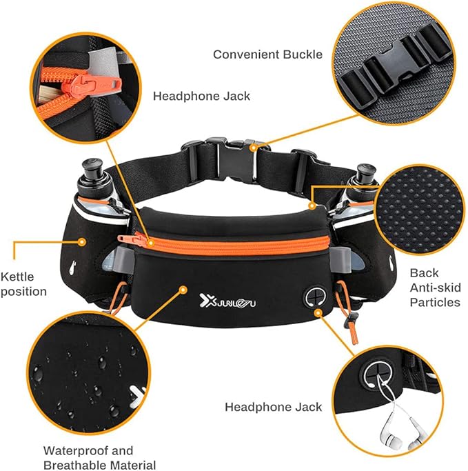 Number-one Running Belt with Water Bottles(2 x 175ML), Hydration Belt Waterproof Waist Pack Bag Fits iPhones Adjustable Sports Waist Pouch for Marathon Running Hiking Cycling