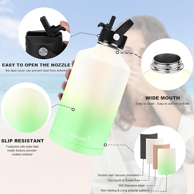 Water Bottle Insulated 32oz 40oz 64oz 128oz Straw Lid Spout Lid & 3 Lids, Leak Proof, Vacuum Insulated,Stainless Steel Water Bottle Wide Mouth for Sports, Gym or Office