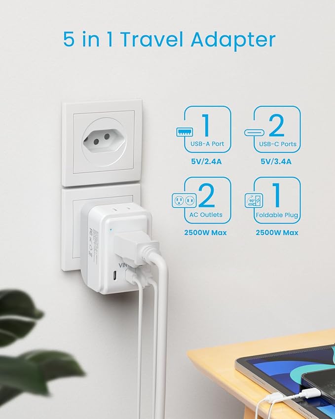 1 Pack Switzerland Travel Plug Adapter, VINTAR Foldable Type J Adapter with 2 AC Outlets，3 USB Ports(2 USB C) for US to Switzerland Rwanda Liechtenstein
